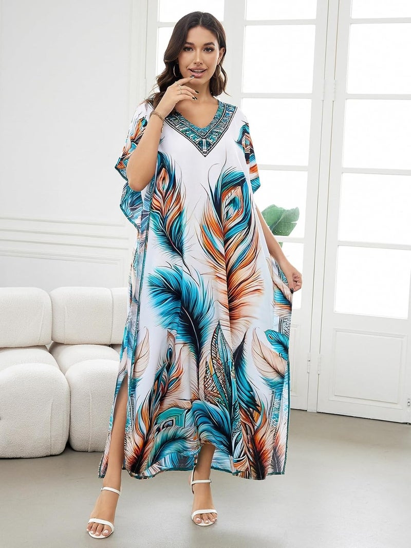 IMAGEKOPE Women's Plus Size Loose Fit Moroccan Print V-Neck Batwing Kaftan Beach Dress Bathing Suit Cover Up - Image 3